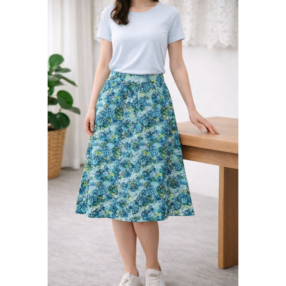 Christopher & Banks Skirt Womens 4P Linen Blue Green Floral Office Casual